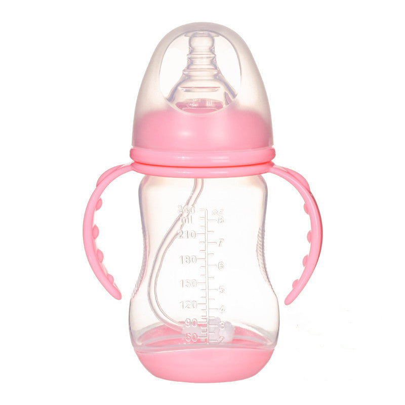 A pink baby bottle with a dual-handle design and measurement markings. It features a transparent body, wide neck, and spill-proof lid, ideal for easy gripping and feeding.