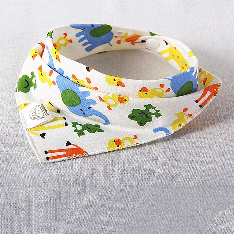 Colorful baby bandana bib featuring playful animal patterns, including elephants, ducks, and giraffes, with a soft fabric and a snap closure.