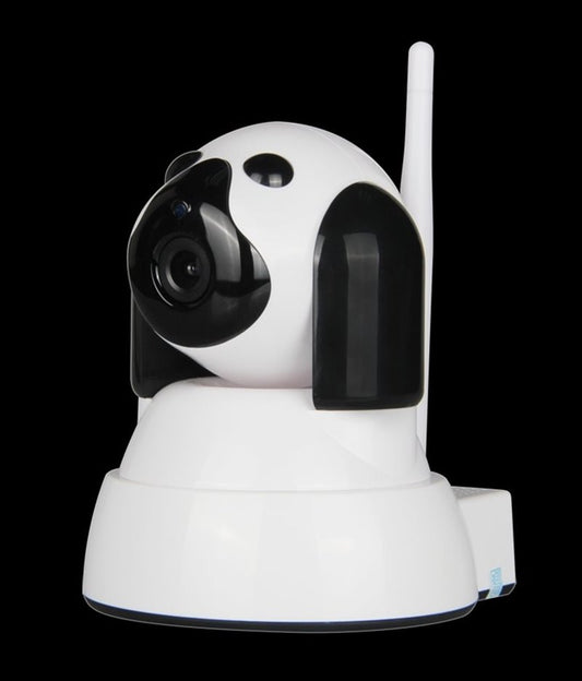A black and white panda-shaped security camera with a round body, featuring an antenna and lens on a black background.