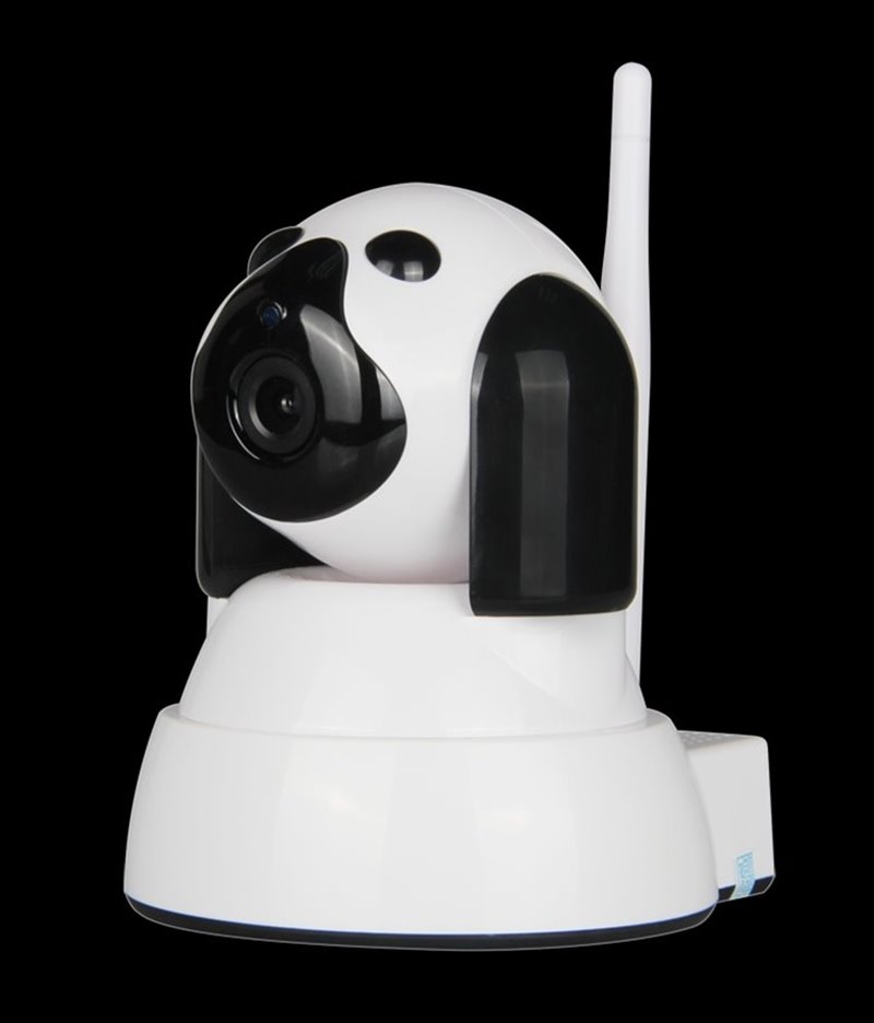Cute panda-shaped security camera with a white and black design, featuring a single lens and an antenna. Set against a black background.