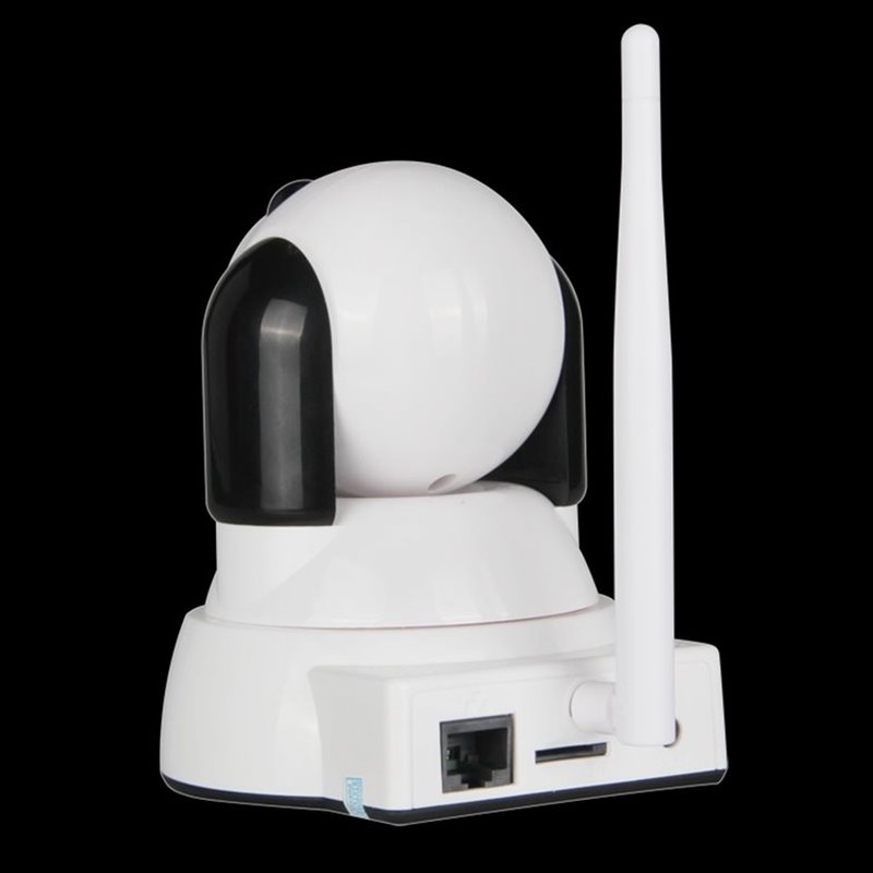 A white and black wireless security camera with an antenna and connectivity ports, including an Ethernet port, viewed from the rear against a black background.