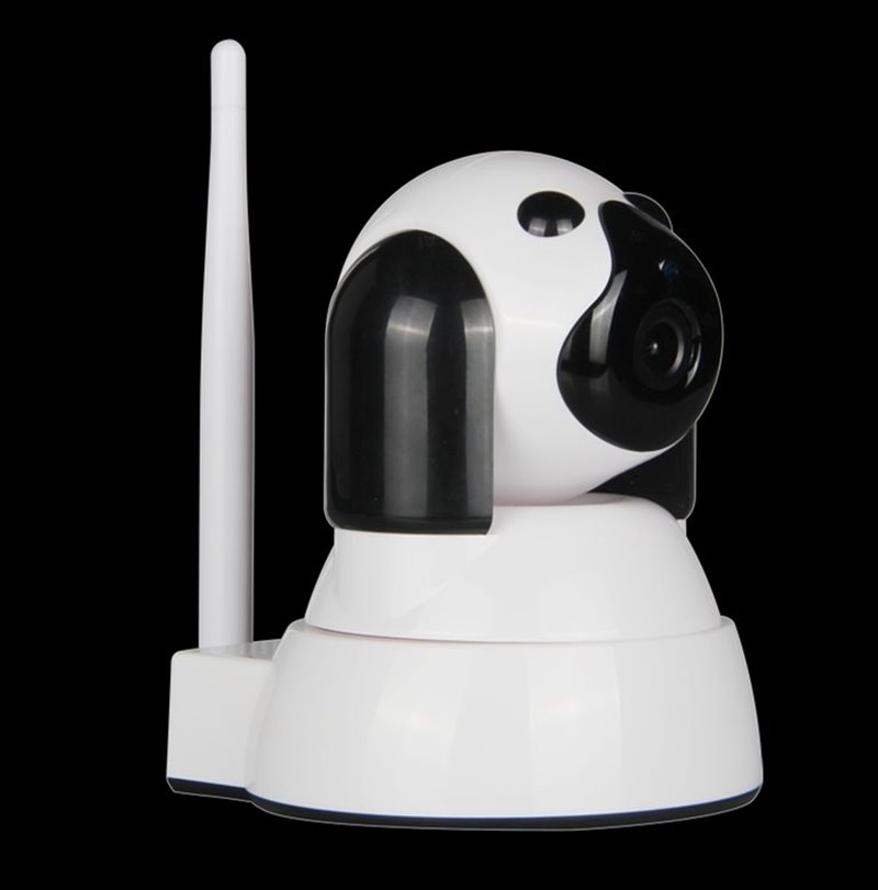 White and black dome security camera on a black background, featuring a vertical antenna.