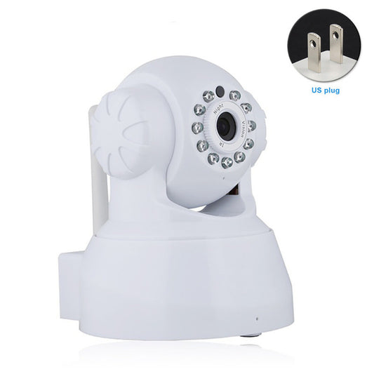 White security camera with infrared sensors around the lens, mounted on a base, shown with a US plug in the corner.
