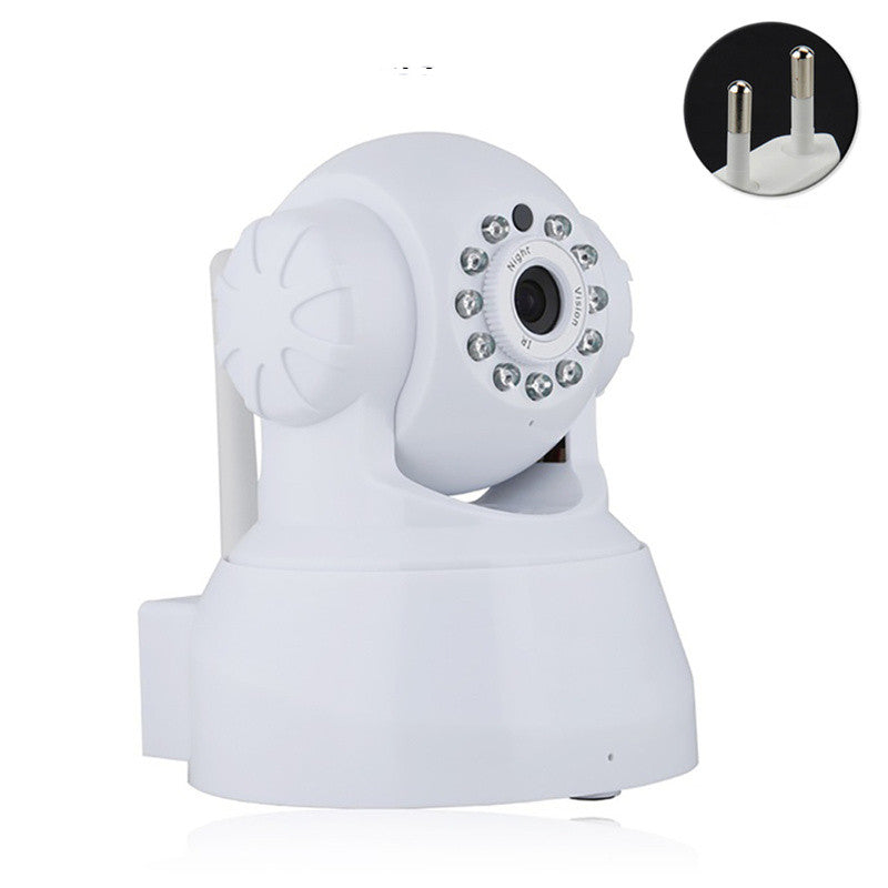 White security camera with circular lens, surrounded by infrared LEDs for night vision. Inset shows a two-prong power plug. The camera has a rotating base for wide coverage.