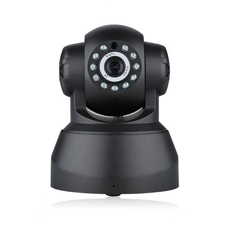 A black security camera on a stand with a circular lens surrounded by infrared LEDs for night vision. The design is compact and modern, suitable for indoor monitoring.