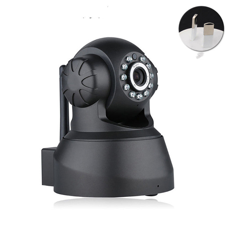 A black surveillance camera with a circular array of LED lights around the lens, shown at an angle. Inset shows two USB connectors on a white surface.