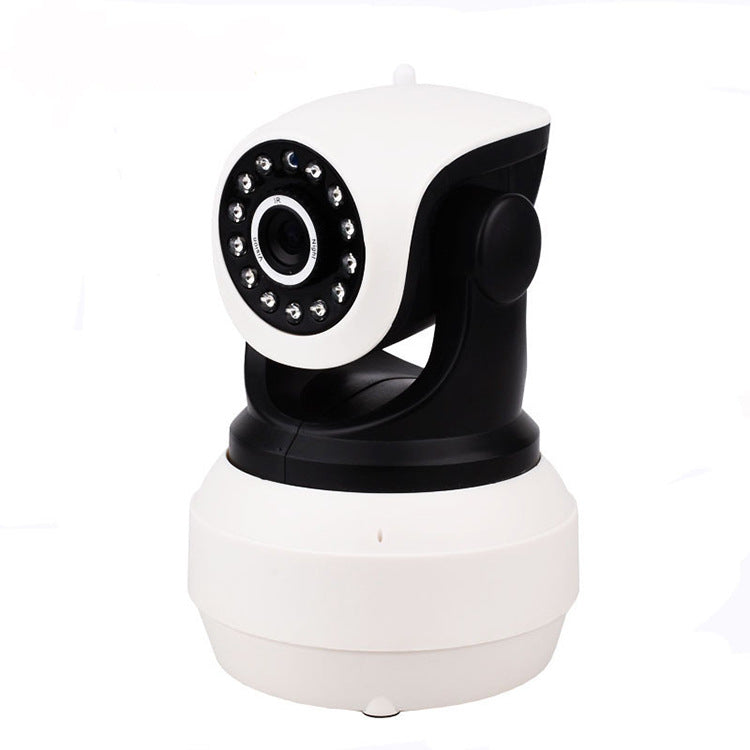 A white and black security camera with infrared LEDs around the lens, mounted on a rotatable base, designed for monitoring and surveillance.