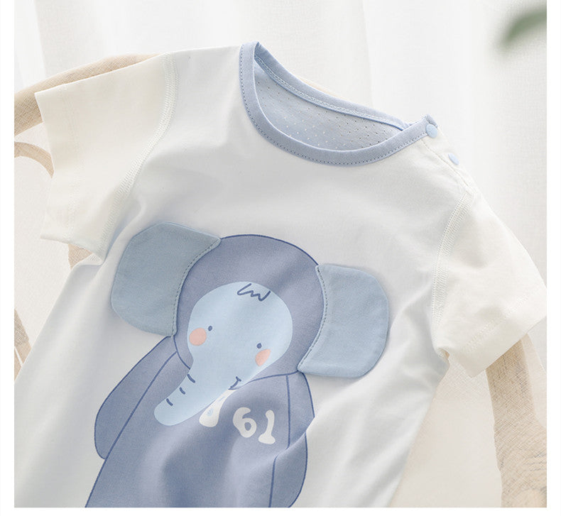 Close-up of a white baby T-shirt featuring a cute blue elephant design with big ears and rosy cheeks. The number "61" is printed in white on the elephant's body.