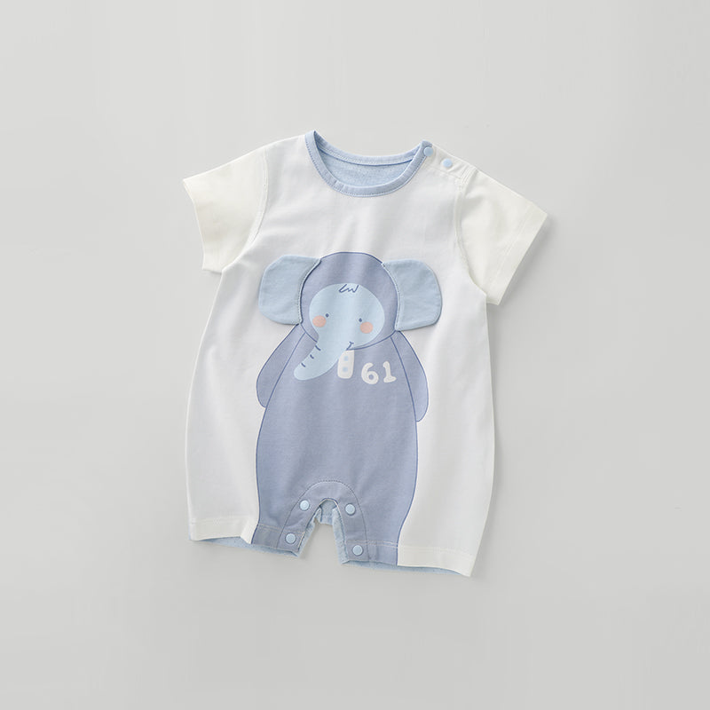 White baby romper with a cute blue elephant print. The romper features short sleeves, blue ears, and a number "61" printed on it, with snap closures at the shoulder and bottom.