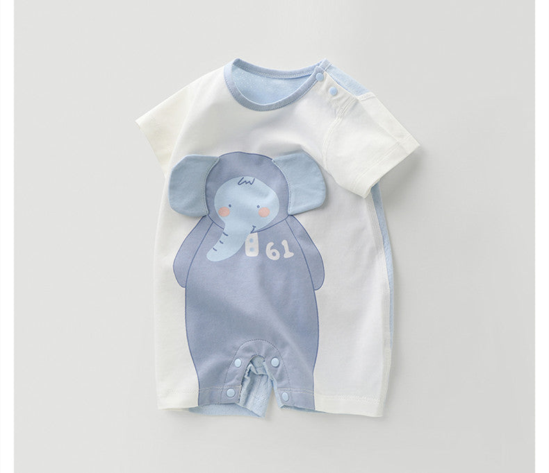 Baby romper in white with a cute blue elephant design. Features short sleeves, snaps on the shoulder, and snaps at the crotch. Number 61 is printed on the elephant's belly.