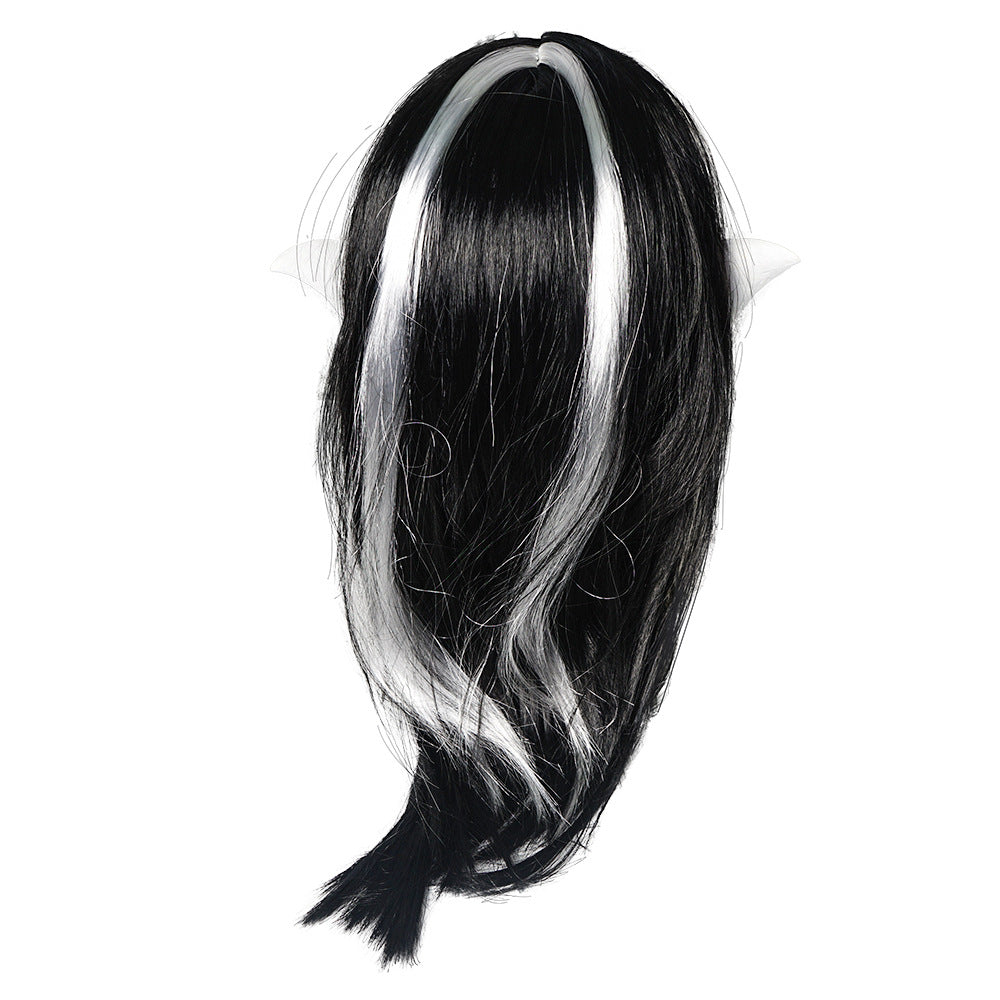 Black and white synthetic wig with long, straight hair and elf ears attached. The black hair dominates, with two thick, white highlights running down both sides.