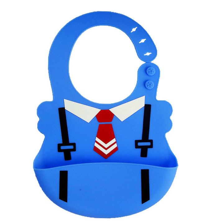 Blue silicone bib designed like a suit with a red tie and suspenders, featuring an adjustable neck strap with star-shaped buttons and a crumb catcher pocket at the bottom.