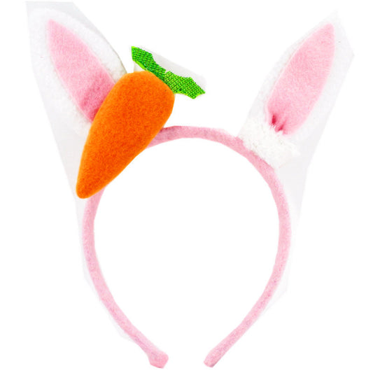Pink headband featuring two pink and white bunny ears with a decorative orange carrot and green leaves attached, set against a white background.