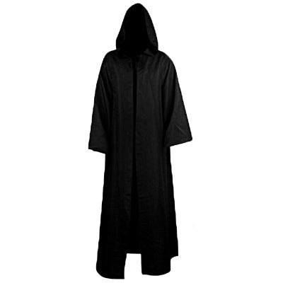 A faceless figure wearing a long, black hooded cloak stands against a white background. The cloak has wide sleeves and reaches down to the ground.