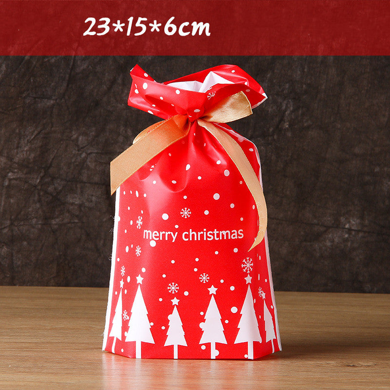 Red Christmas gift bag with white tree and snowflake designs, tied with a gold ribbon. Text reads "merry christmas." Dimensions noted as 23x15x6cm.