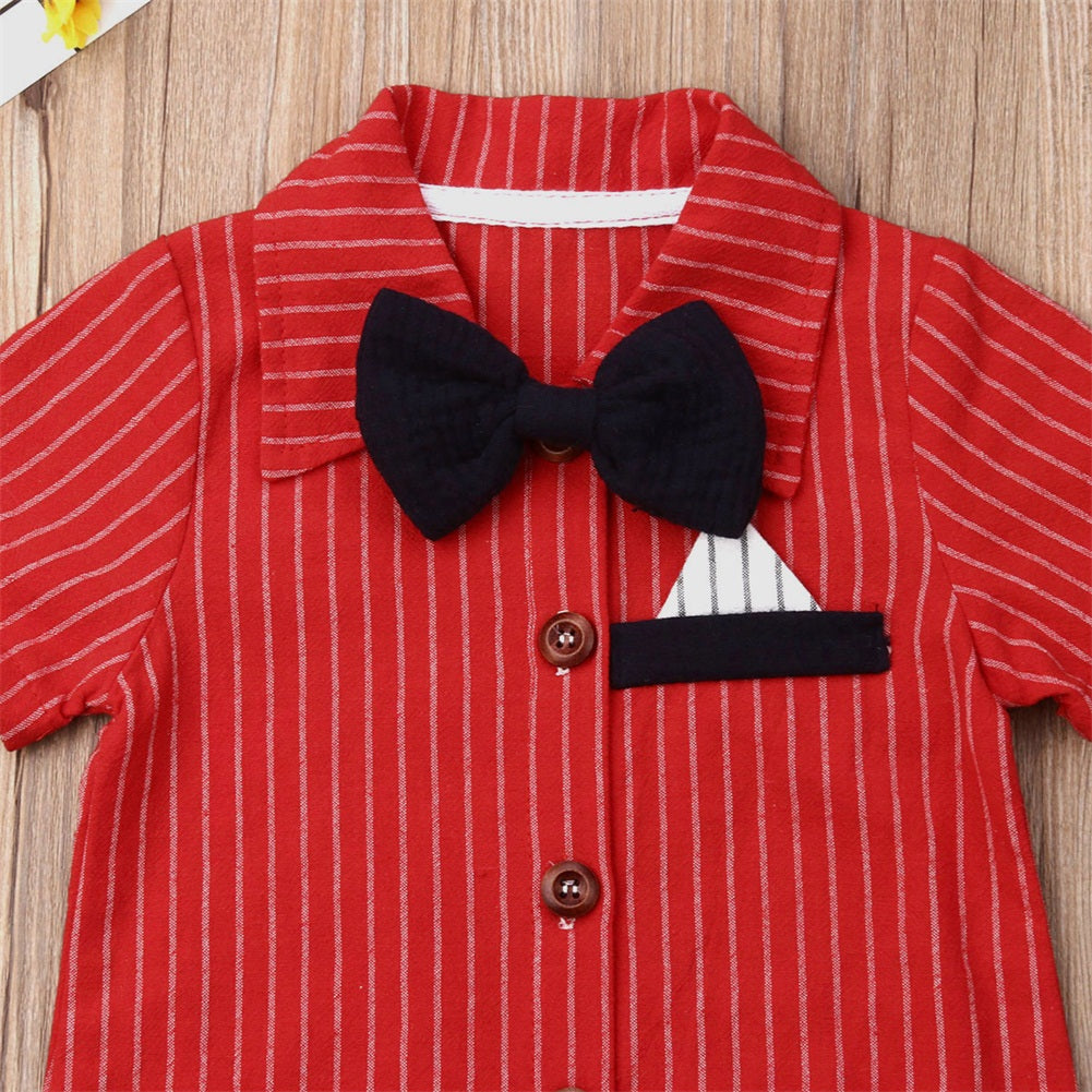 Red pinstripe toddler shirt with dark buttons, a black bow tie, and a decorative pocket square on a wooden background.