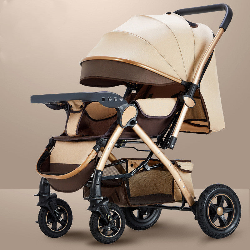 Elegant beige and brown baby stroller with a sun canopy, four smooth wheels, and a storage basket underneath. Features adjustable handlebars and padded seating for comfort.