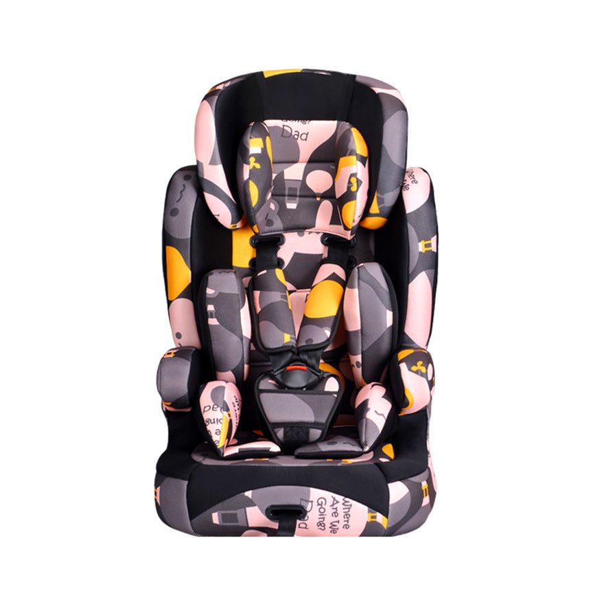 Colorful child car seat with abstract patterns in orange, pink, and gray. Features include padded headrest, adjustable straps, and a secure buckle for safety and comfort.