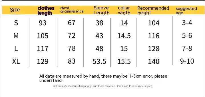 Size chart for clothes displaying size, length, chest circumference, sleeve length, collar width, recommended height, and suggested age from S (3-4) to XL (9-10). Includes a measurement error note.