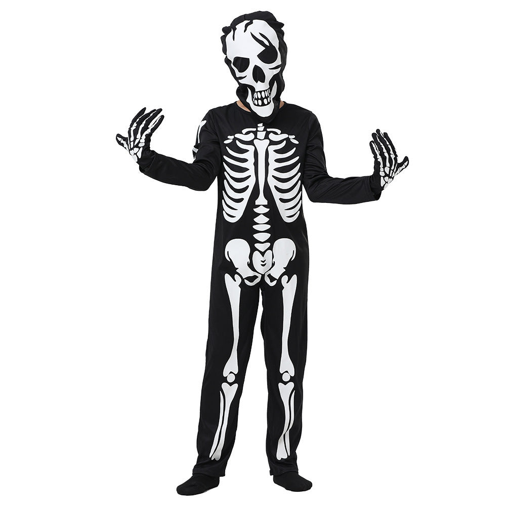 Person wearing a black skeleton costume with a skull mask and white bone patterns, extending their arms. The background is plain white, highlighting the costume.
