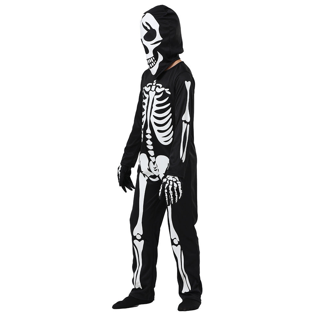 Person wearing a black skeleton costume with white bone print, including a hood covering the head, standing sideways.
