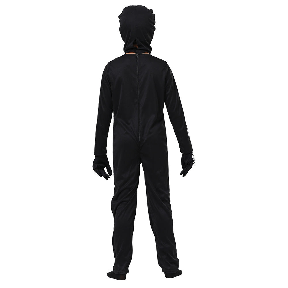Person in a black full-body suit with hood and gloves, standing with their back to the camera against a plain white background.