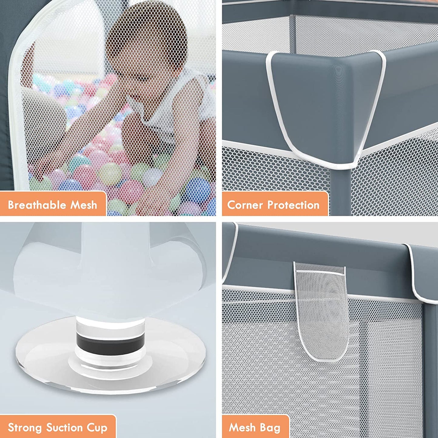 A baby plays in a ball pit within a playpen featuring breathable mesh, corner protection, strong suction cups, and a mesh bag for storage.