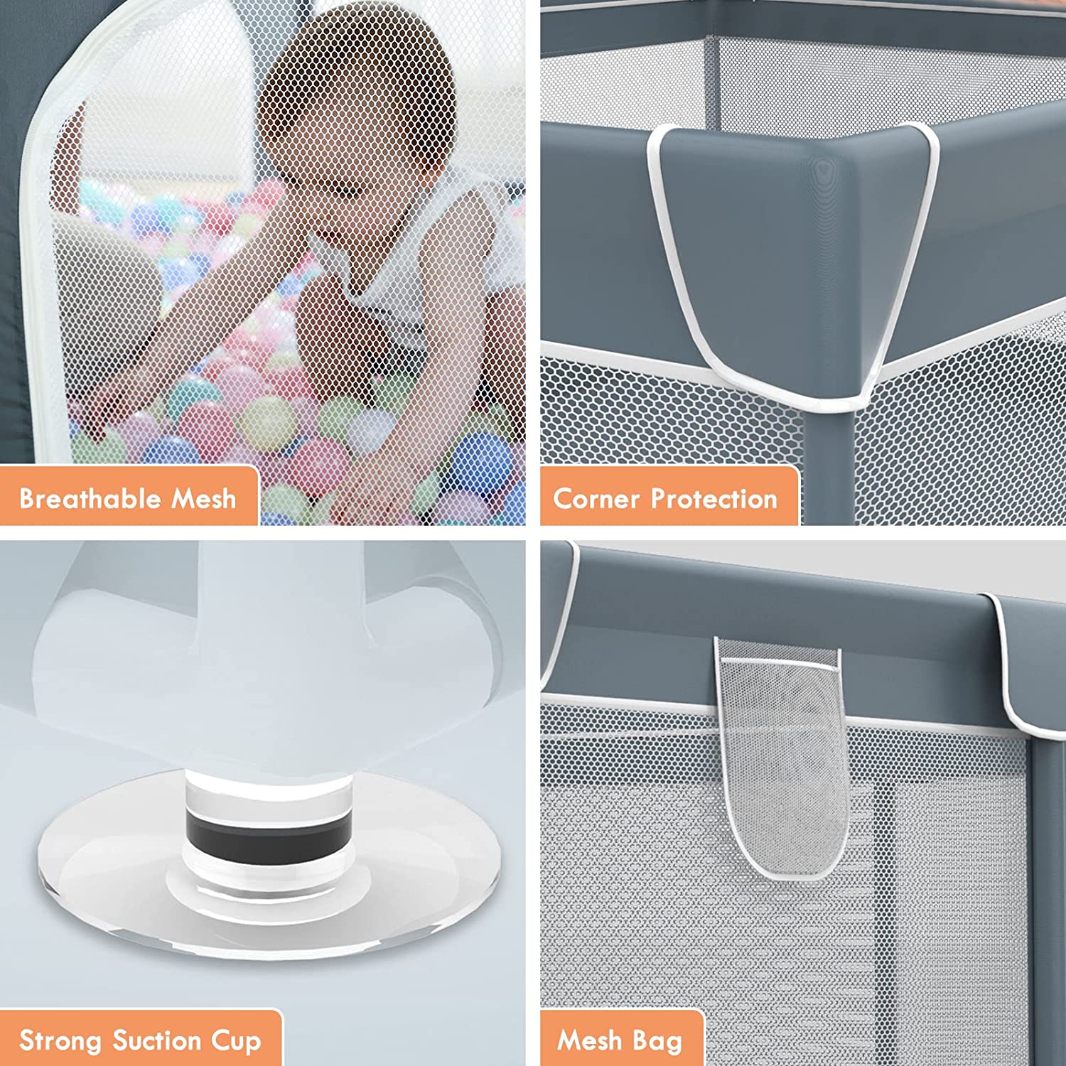 A baby plays in a ball pit within a playpen featuring breathable mesh, corner protection, strong suction cups, and a mesh bag for storage.