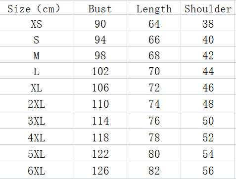 Size chart with columns: Size (XS to 6XL), Bust (90-126 cm), Length (64-82 cm), Shoulder (38-56 cm). Sizes increase consistently across all measurements.