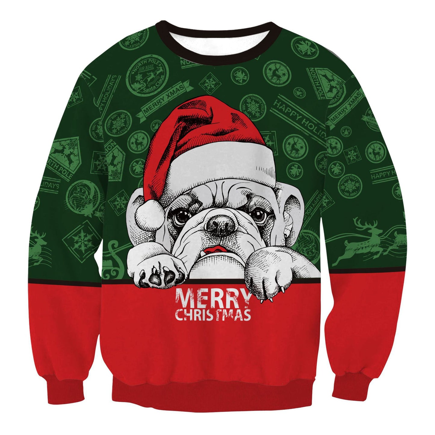 Ugly Christmas sweater featuring a bulldog wearing a Santa hat with "Merry Christmas" text. The design includes green patterns with holiday symbols and red lower half.