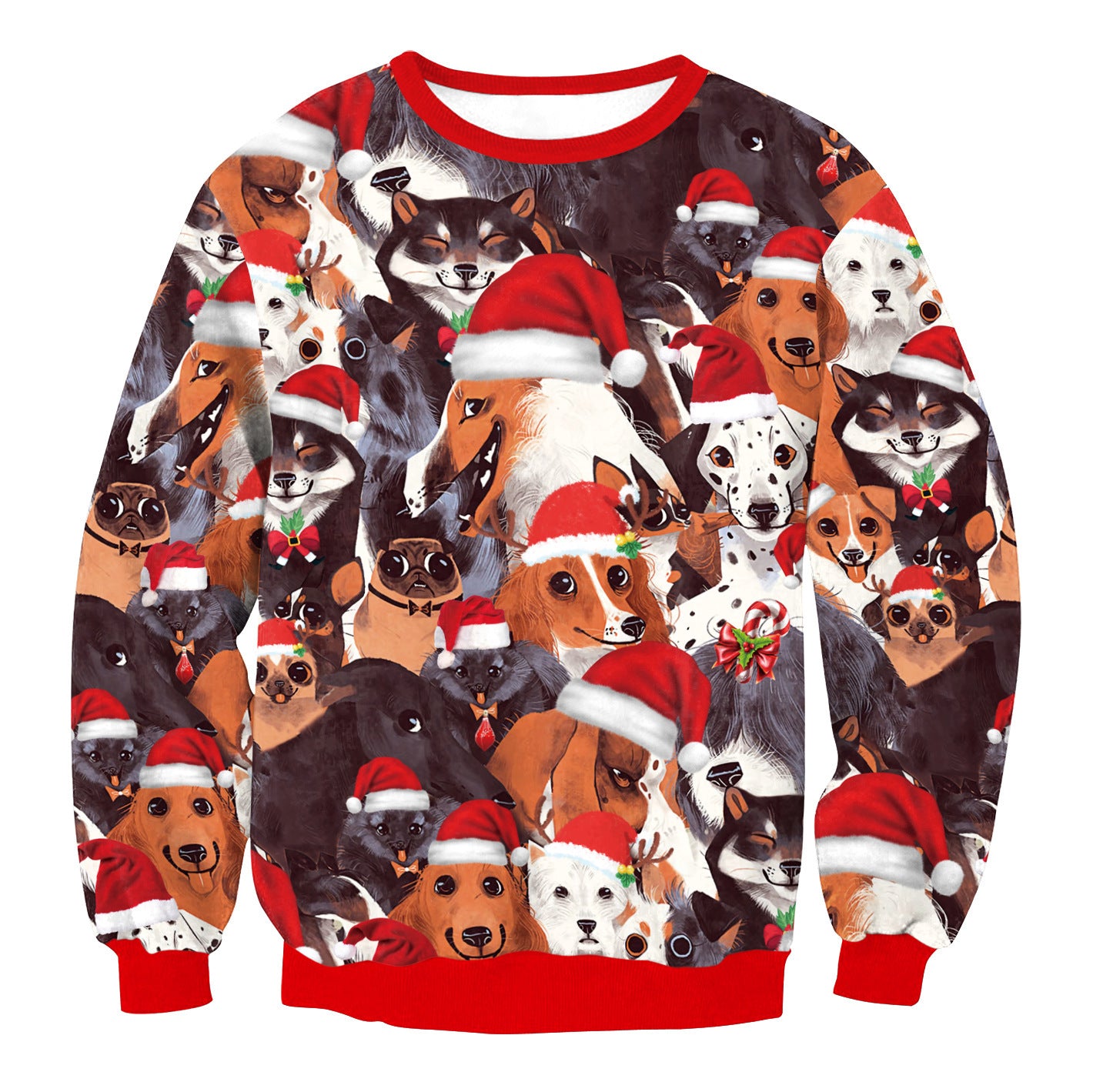 Festive sweater with a vibrant print of various cartoon dogs wearing Santa hats, all set against a dark background. The collar and cuffs are red, enhancing the holiday theme.
