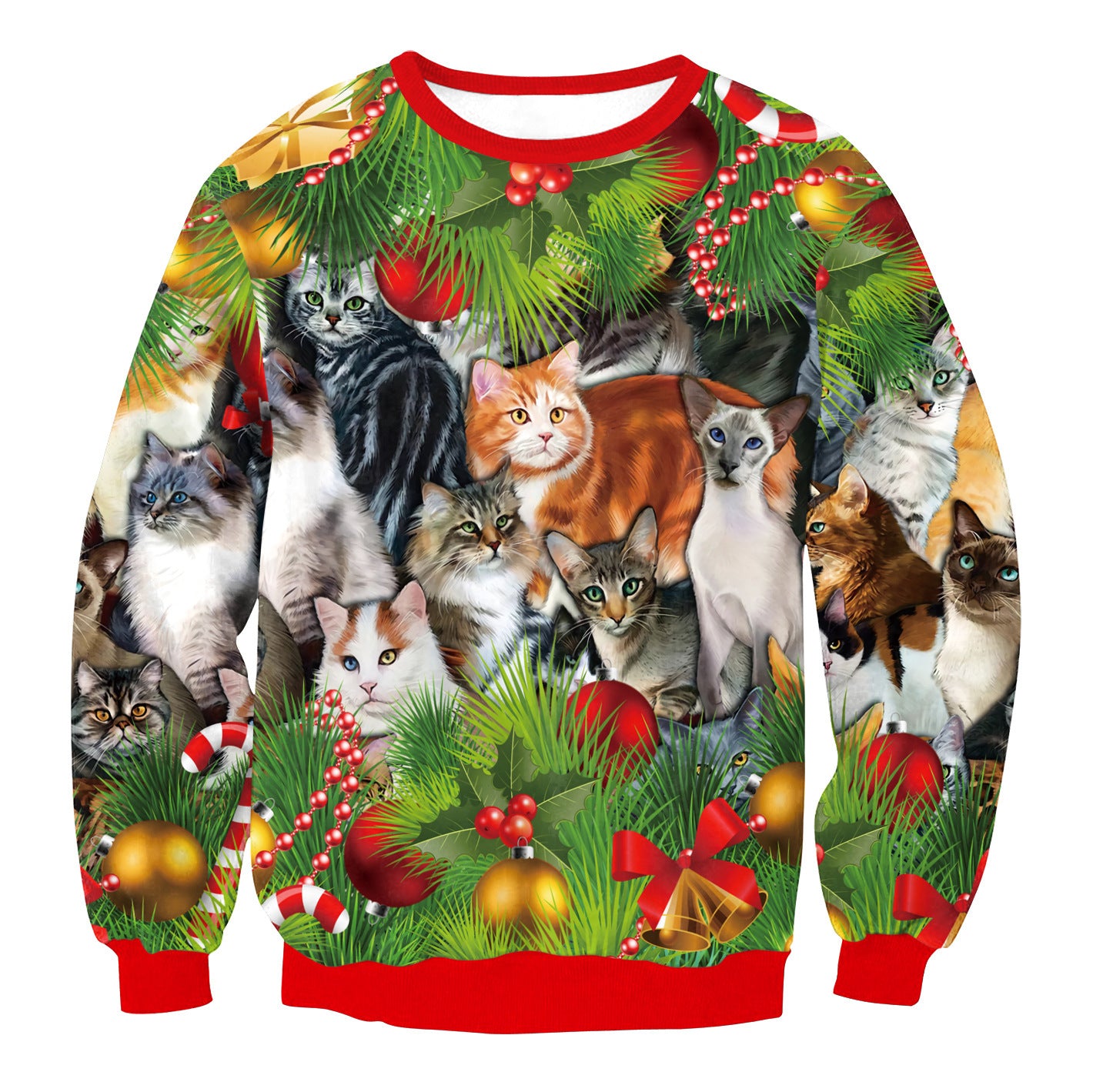 Festive sweater featuring various cat breeds among Christmas decorations like ornaments, pine branches, and candy canes, all set against a vibrant red trim.