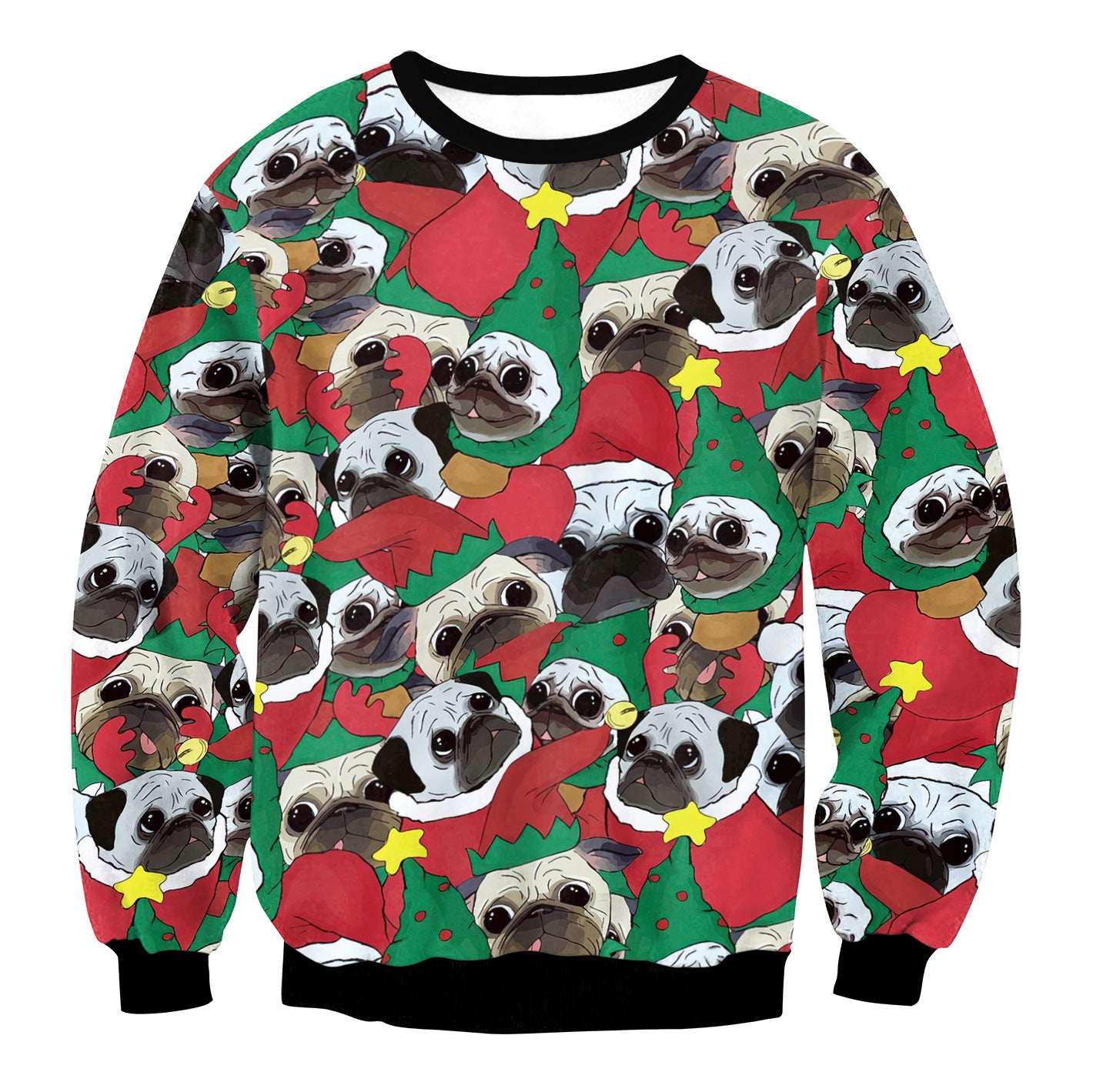 Colorful sweater featuring a pattern of cartoon pugs wearing red Santa hats and green Christmas tree hats with yellow stars and bells, set against a red and green background.