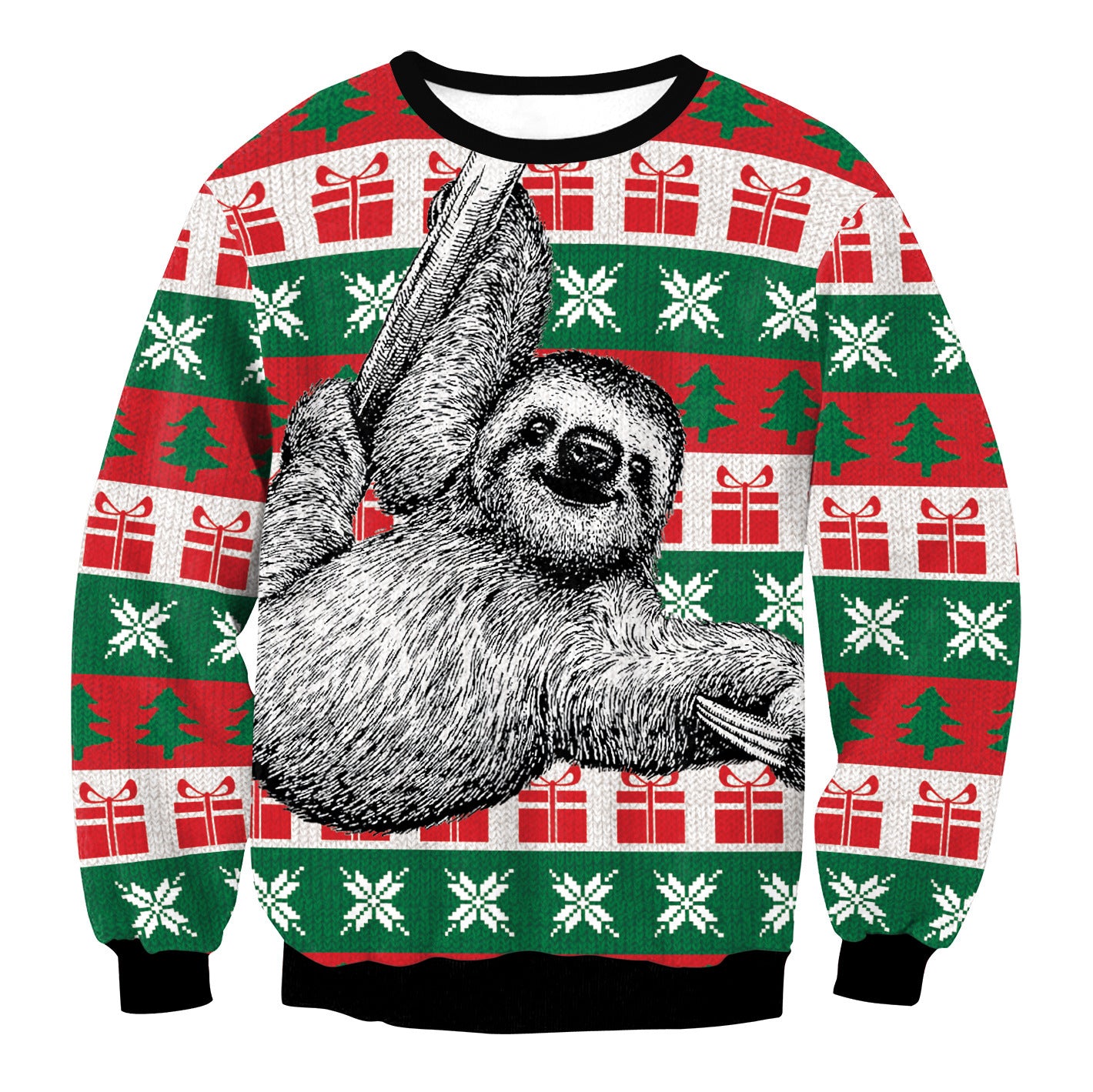 Festive sweater featuring a smiling sloth hanging from a branch, set against a background of red, white, and green holiday patterns including snowflakes, trees, and gift boxes.
