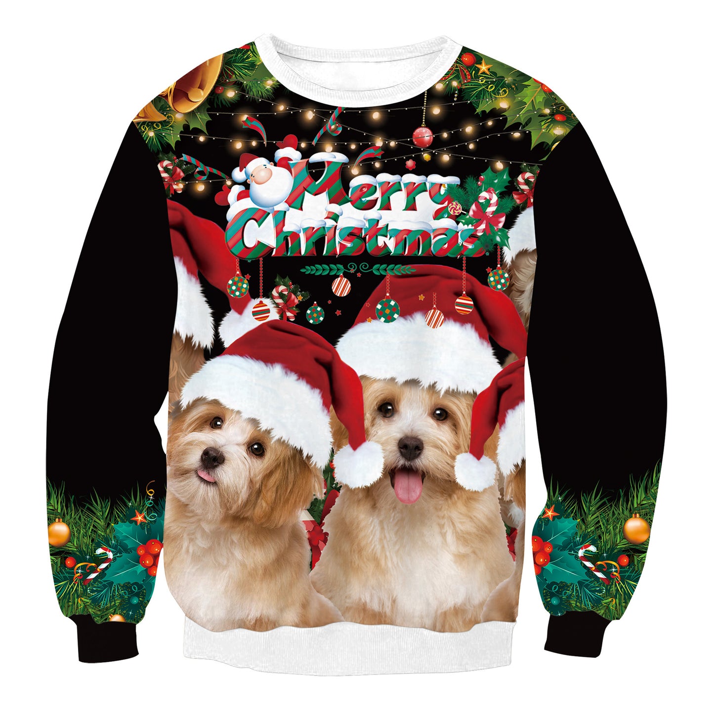 Festive sweater with two dogs wearing Santa hats, surrounded by Christmas ornaments, greenery, and lights. "Merry Christmas" text in bright, colorful letters above them.