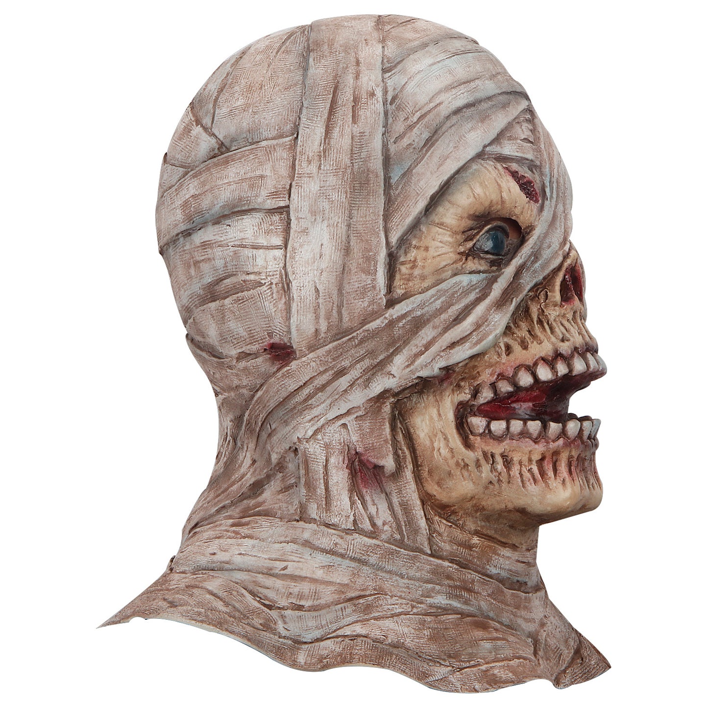 Side view of a mummy mask with detailed facial features. The mask is wrapped in tattered, aged bandages revealing a skeletal jaw and eye, giving it a creepy, Halloween look.