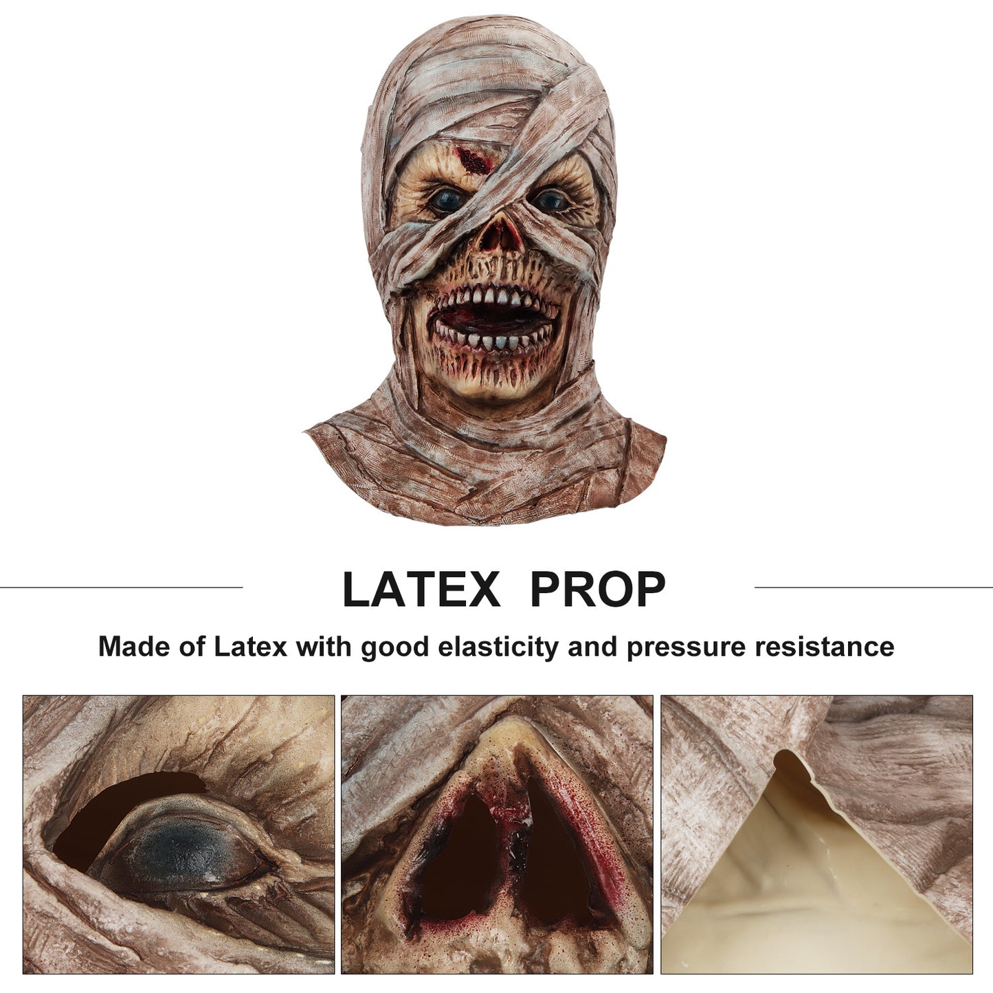 A detailed mummy latex prop with realistic texture, featuring close-ups of the eye, nose, and interior. Text highlights good elasticity and pressure resistance.