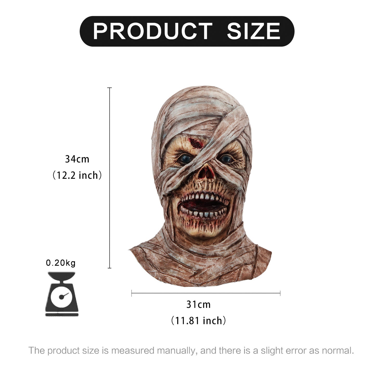 Mummy-themed mask with aged bandages and an exposed skull. Size shown as 34cm tall and 31cm wide, weighing 0.20kg. Text reads "Product Size" with measurements in both cm and inches.