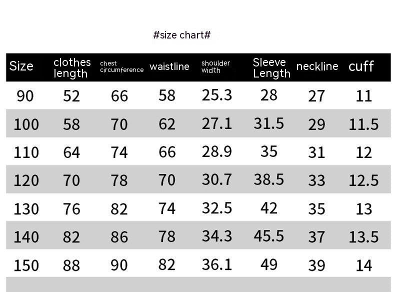 Size chart displaying measurements in centimeters for sizes 90 to 150, including clothes length, chest circumference, waistline, shoulder width, sleeve length, neckline, and cuff.