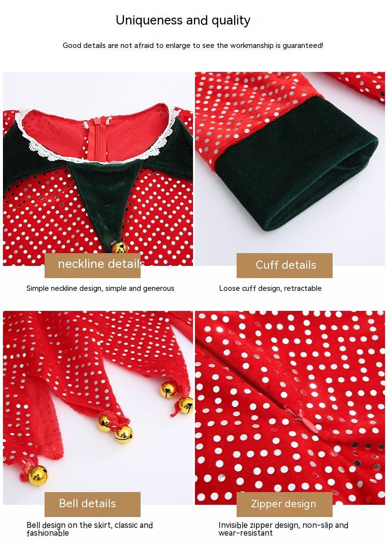 Red polka dot garment details: green neckline with lace, loose green cuffs, skirt with gold bells, and invisible zipper. Highlighting simplicity and quality craftsmanship.