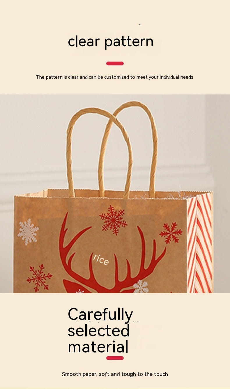 Brown paper bag with red reindeer antlers, snowflakes, and the word "rice." Features twisted handles and a striped side. Includes text about customizable patterns and material quality.