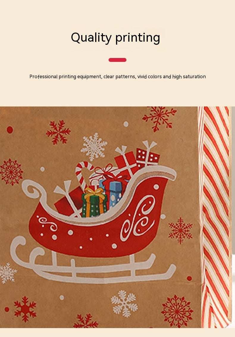 Illustrated red sleigh on brown paper with colorful wrapped gifts and snowflakes, showcasing quality printing with vivid colors.