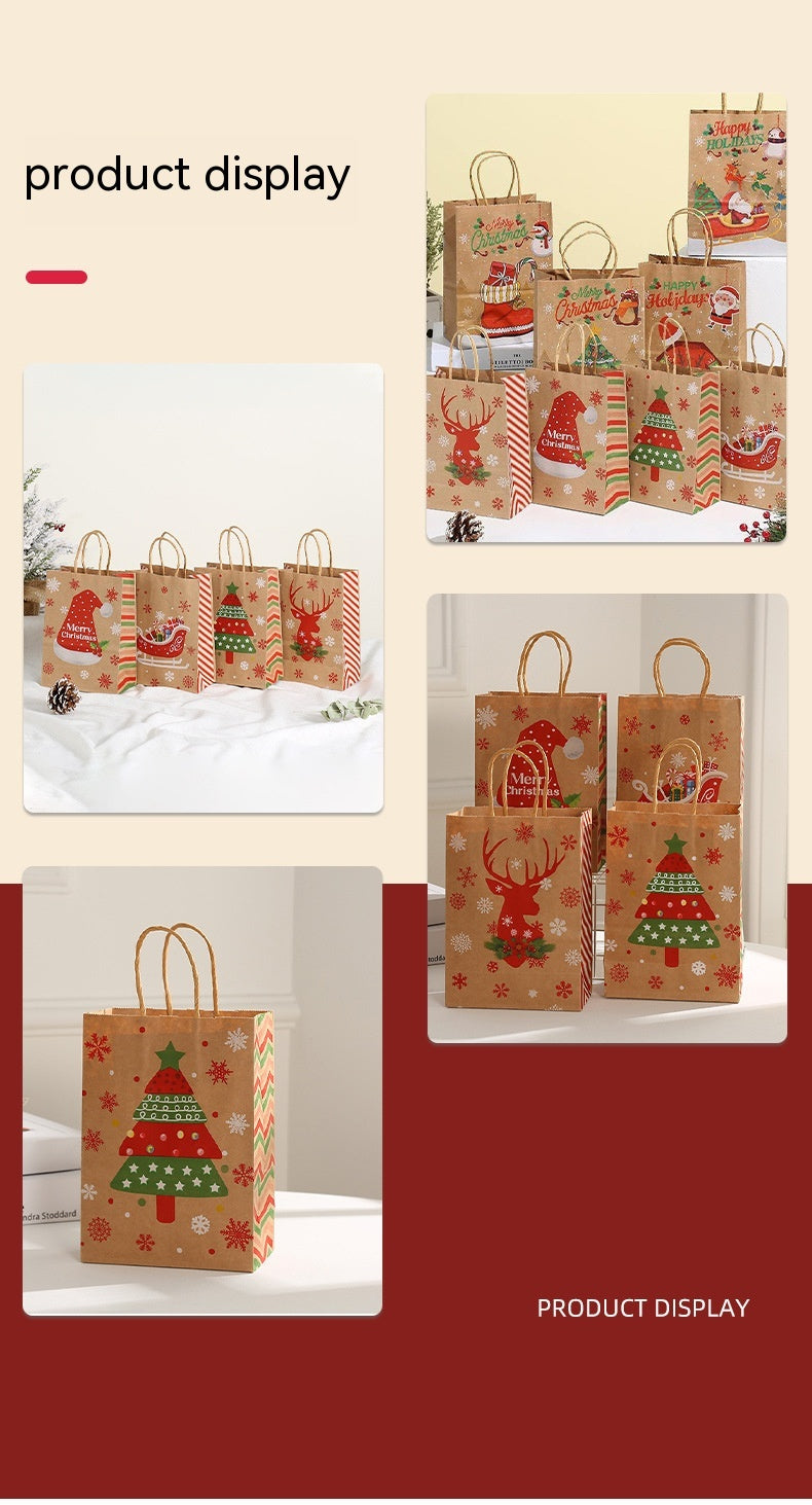 A variety of festive brown paper gift bags with Christmas designs, including trees, reindeer, and Santas, displayed on a light and festive background. 