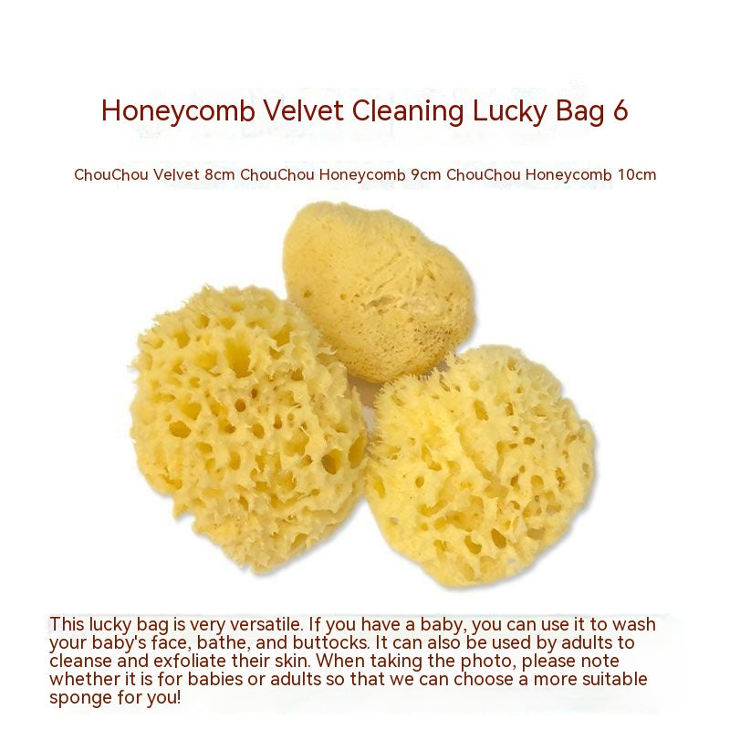Three natural yellow sea sponges of different sizes displayed on a white background. Text explains their use for baby baths or adult skin care exfoliation.