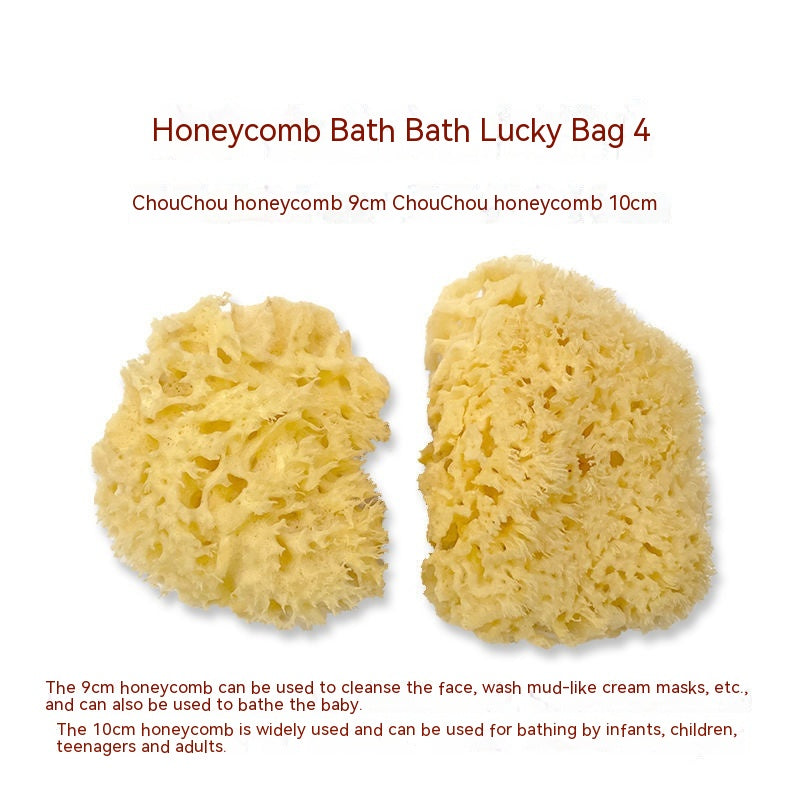 Two natural honeycomb bath sponges, 9cm and 10cm, against a white background. Text describes their size and uses for cleansing and bathing infants, children, and adults.