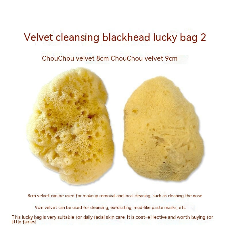 Two yellow sponges labeled as 8cm and 9cm ChouChou velvet. They are described for cleansing, exfoliating, and makeup removal, optimal for daily facial skincare.