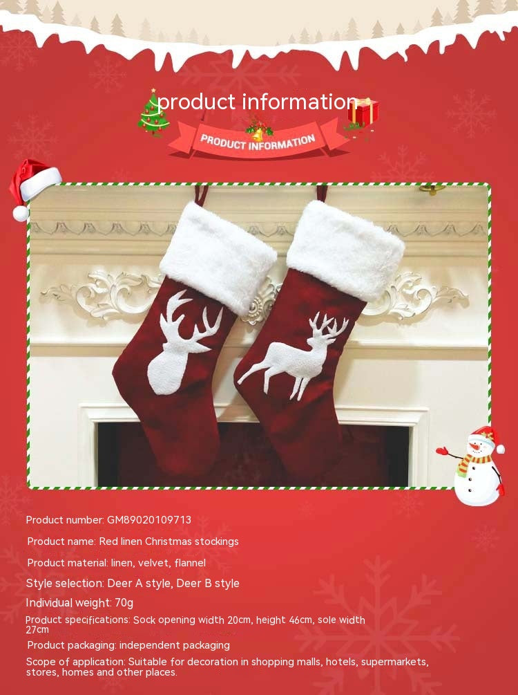 Two red Christmas stockings with white deer designs hang on a mantel. They have fluffy white cuffs and are suitable for decoration in homes and stores.