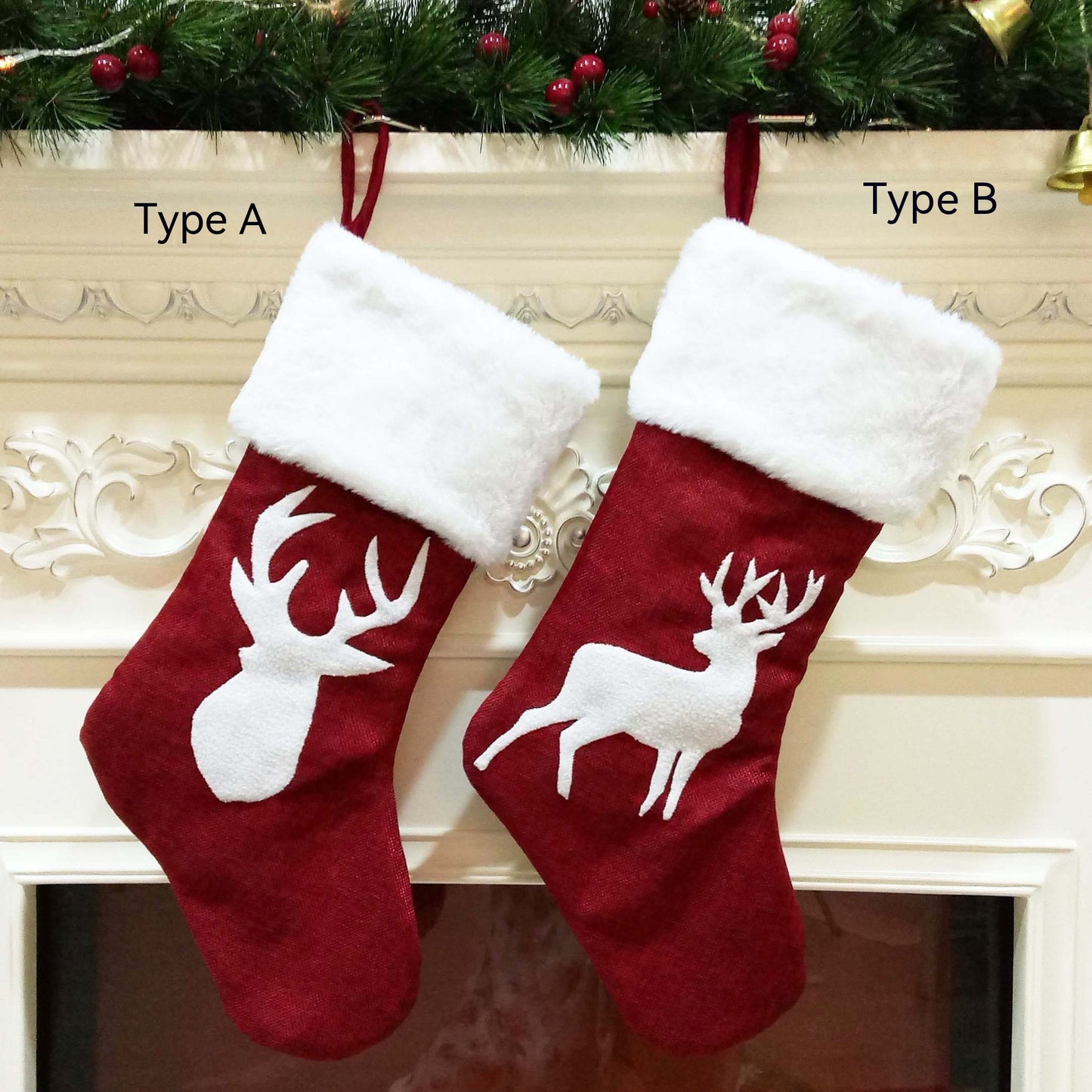 Two red Christmas stockings with white faux fur cuffs hang on a mantel. Left stocking shows a deer head silhouette, labeled Type A. Right shows a full deer, labeled Type B.