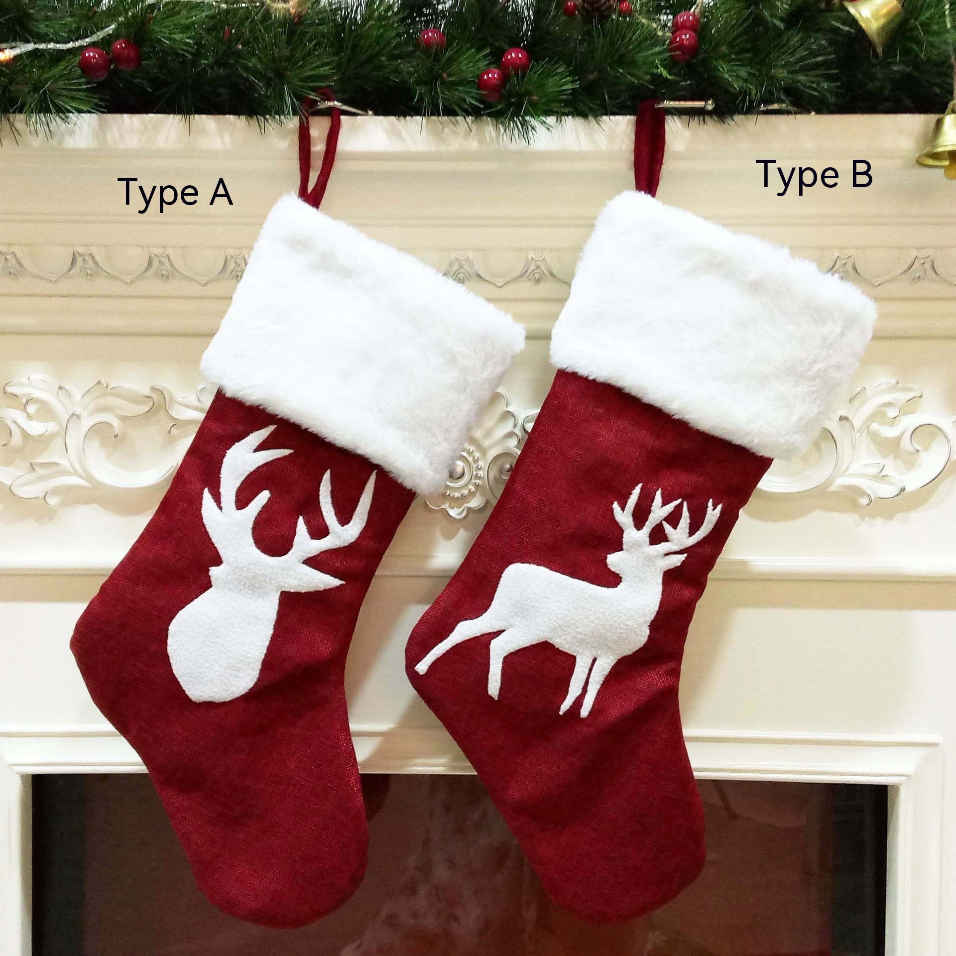 Two red Christmas stockings with white faux fur cuffs hang on a mantel. Left stocking shows a deer head silhouette, labeled Type A. Right shows a full deer, labeled Type B.
