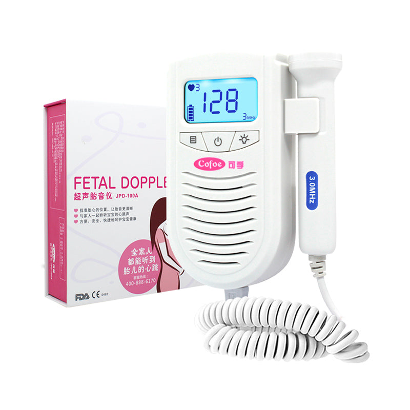 Fetal Doppler device with screen displaying a heart rate of 128 bpm. Comes with a coiled probe labeled "3.0 MHz" and packaged box featuring product details in English and Chinese.